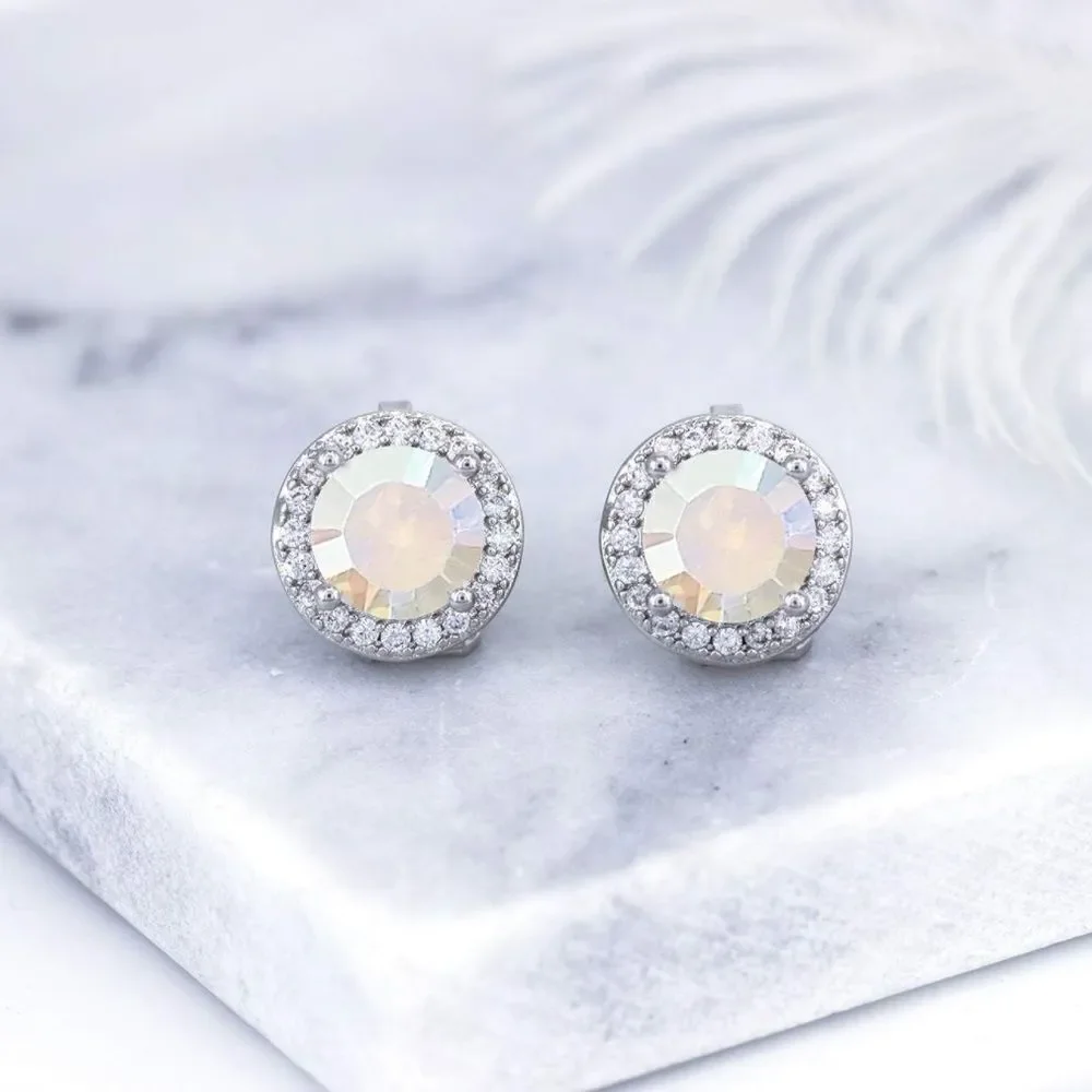 Silver with Aurora Borealis and Diamond Cubic Zirconia Stud Clip On Earrings